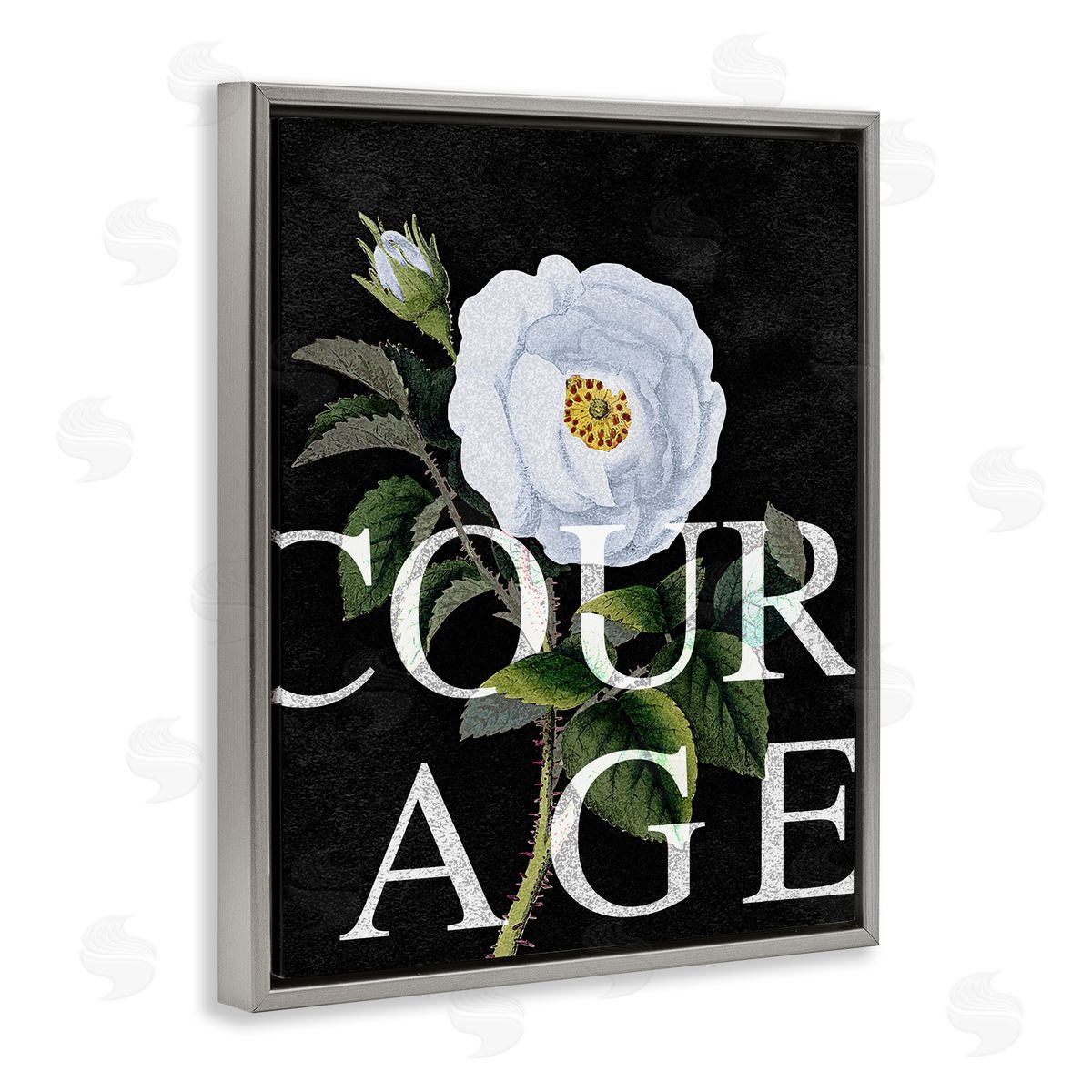 Stupell Studio Courage Text over Vintage White Rose Floral Gray Floater Frame Canvas Art