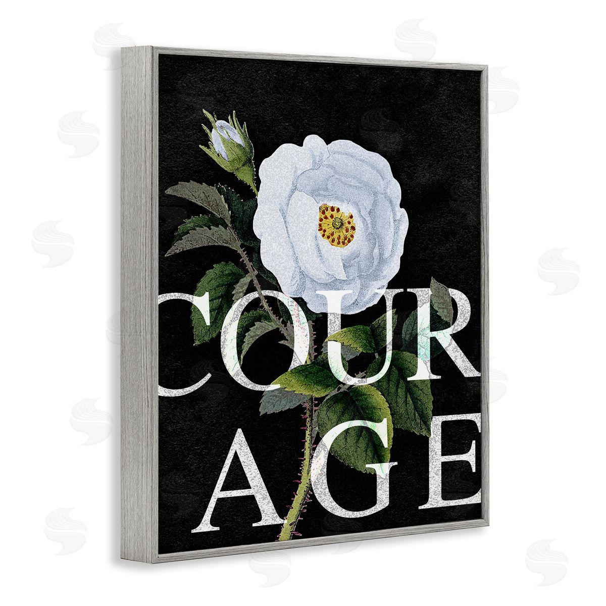 Stupell Studio Courage Text over Vintage White Rose Floral Gray Framed Giclee Wall Art