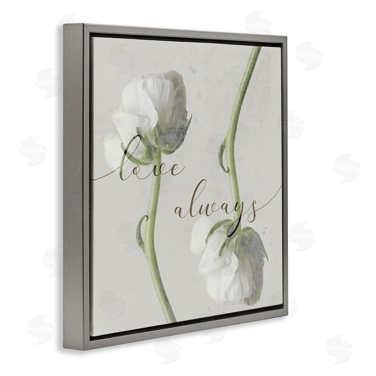 Stupell Studio Love Always Phrase Asymmetrical Floral White Roses Gray Floater Frame Canvas Art