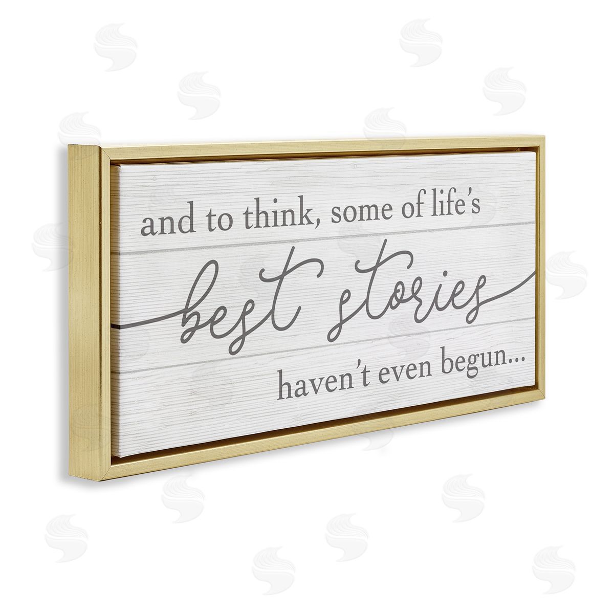 Stupell Studio Life's Best Stories Haven't Begun Phrase White Grey Gold Floater Frame Canvas Art