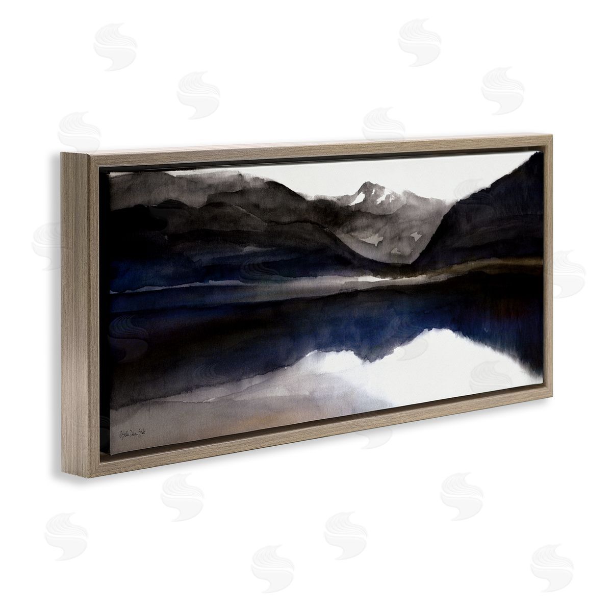 Stellar Design Studio Lakeside Mountain Range Reflection Watercolor Black Blue Brown Floater Frame Canvas Art