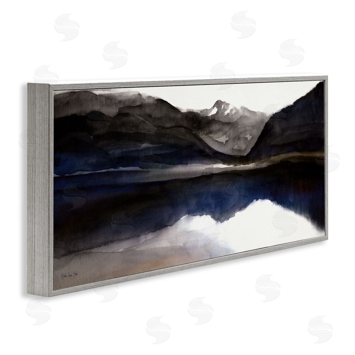 Stellar Design Studio Lakeside Mountain Range Reflection Watercolor Black Blue Gray Framed Giclee Wall Art