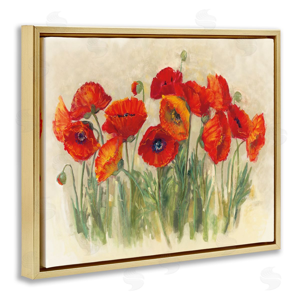 Carol Rowan Red Poppy Florals Soft Green Meadow Grass Gold Floater Frame Canvas Art