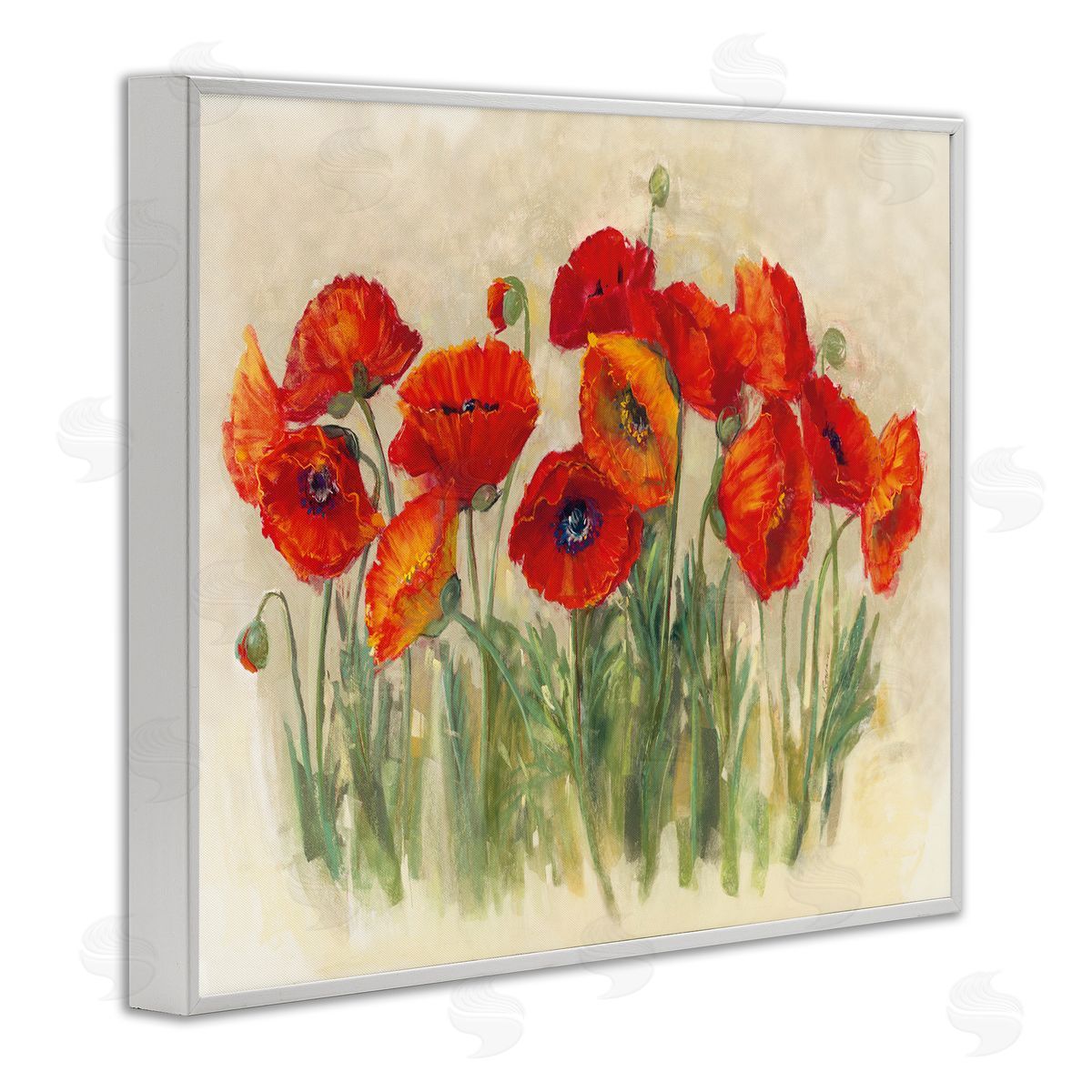 Carol Rowan Red Poppy Florals Soft Green Meadow Grass White Framed Giclee Wall Art