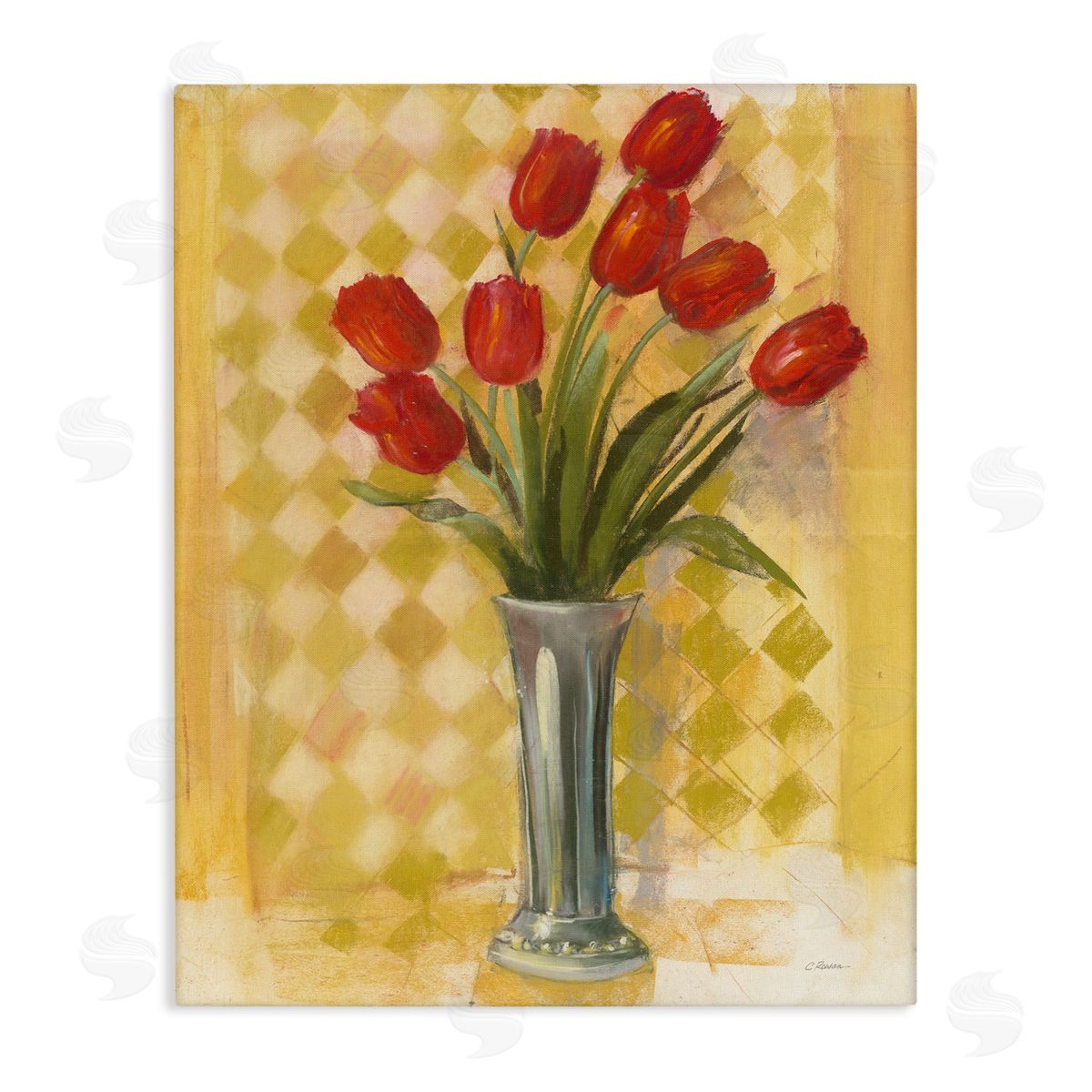 Carol Rowan Red Tulip Vase over Yellow Checker Plaid Canvas Wall Art