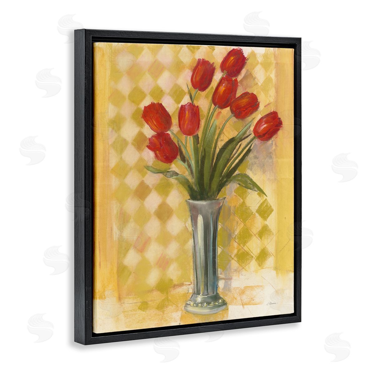 Carol Rowan Red Tulip Vase over Yellow Checker Plaid Black Floater Frame Canvas Art