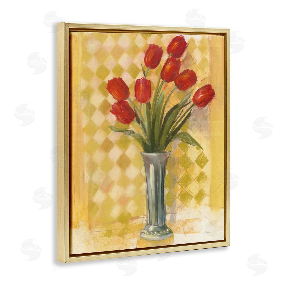 Carol Rowan Red Tulip Vase over Yellow Checker Plaid Gold Floater Frame Canvas Art