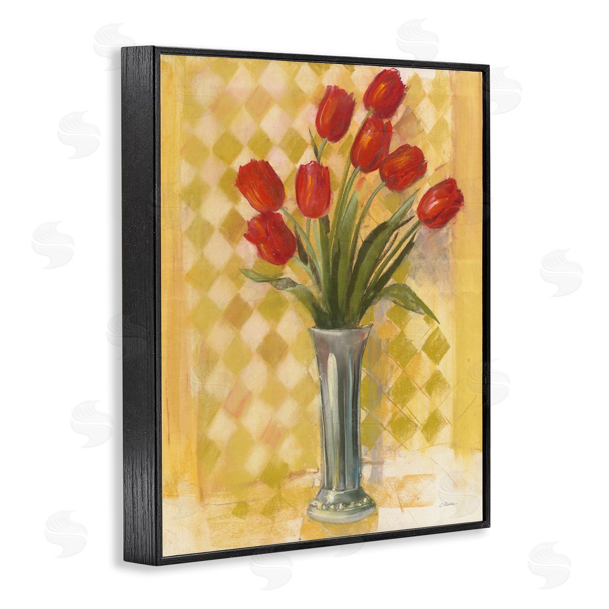 Carol Rowan Red Tulip Vase over Yellow Checker Plaid Black Framed Giclee Wall Art