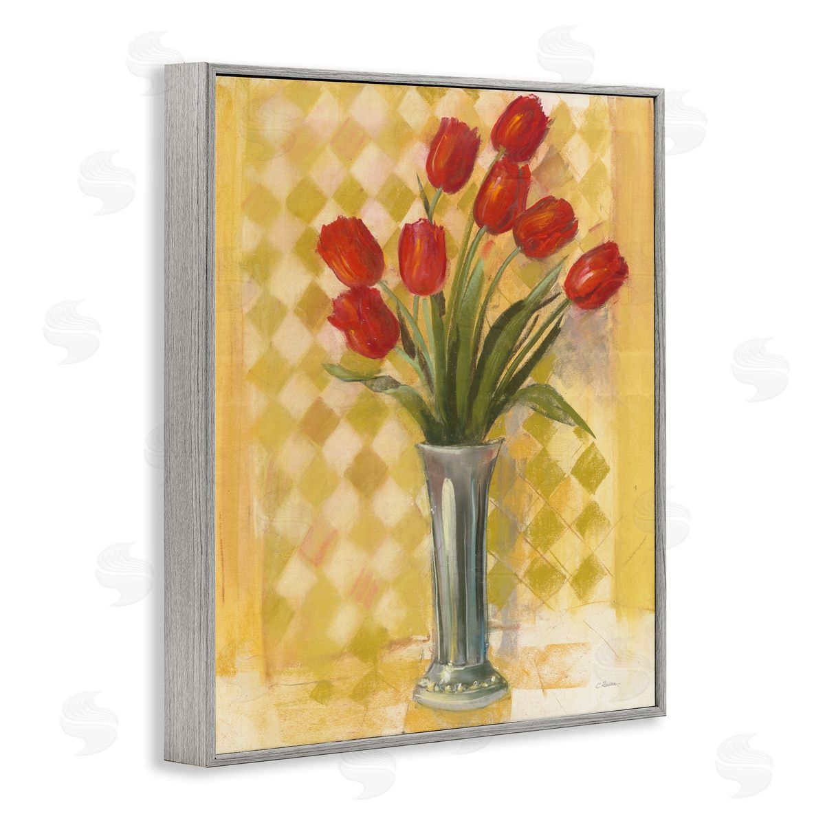 Carol Rowan Red Tulip Vase over Yellow Checker Plaid Gray Framed Giclee Wall Art