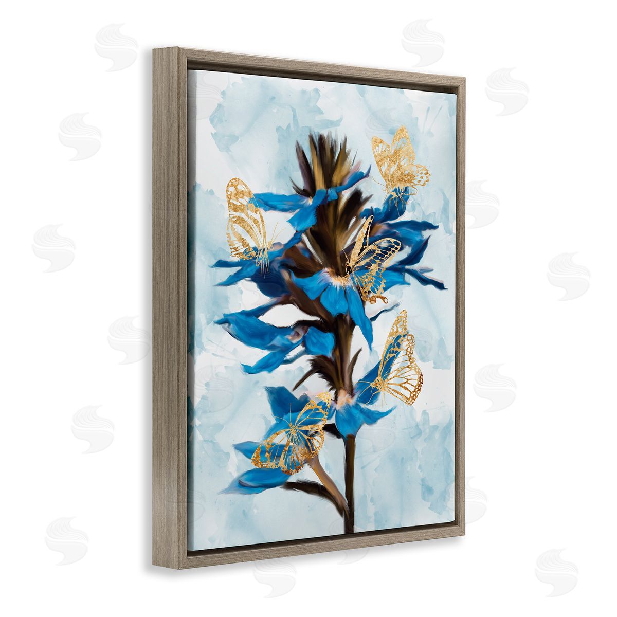 Ziwei Li Blue Tropical Floral Blooming Gold Butterfly Outlines Brown Floater Frame Canvas Art