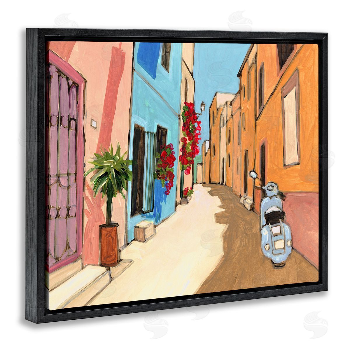 Bart E. Slyp European City Roadside Landscape Blue Street Vespa Black Floater Frame Canvas Art