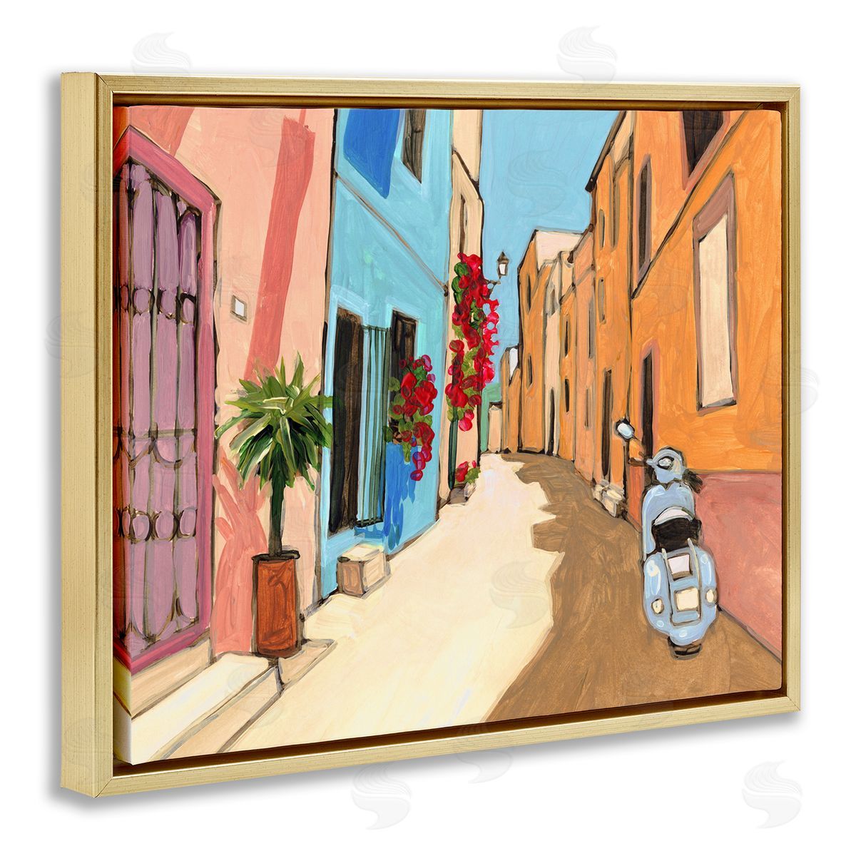 Bart E. Slyp European City Roadside Landscape Blue Street Vespa Gold Floater Frame Canvas Art
