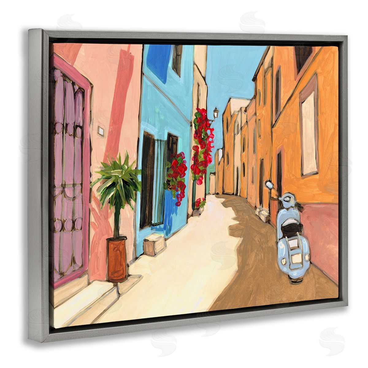 Bart E. Slyp European City Roadside Landscape Blue Street Vespa Gray Floater Frame Canvas Art