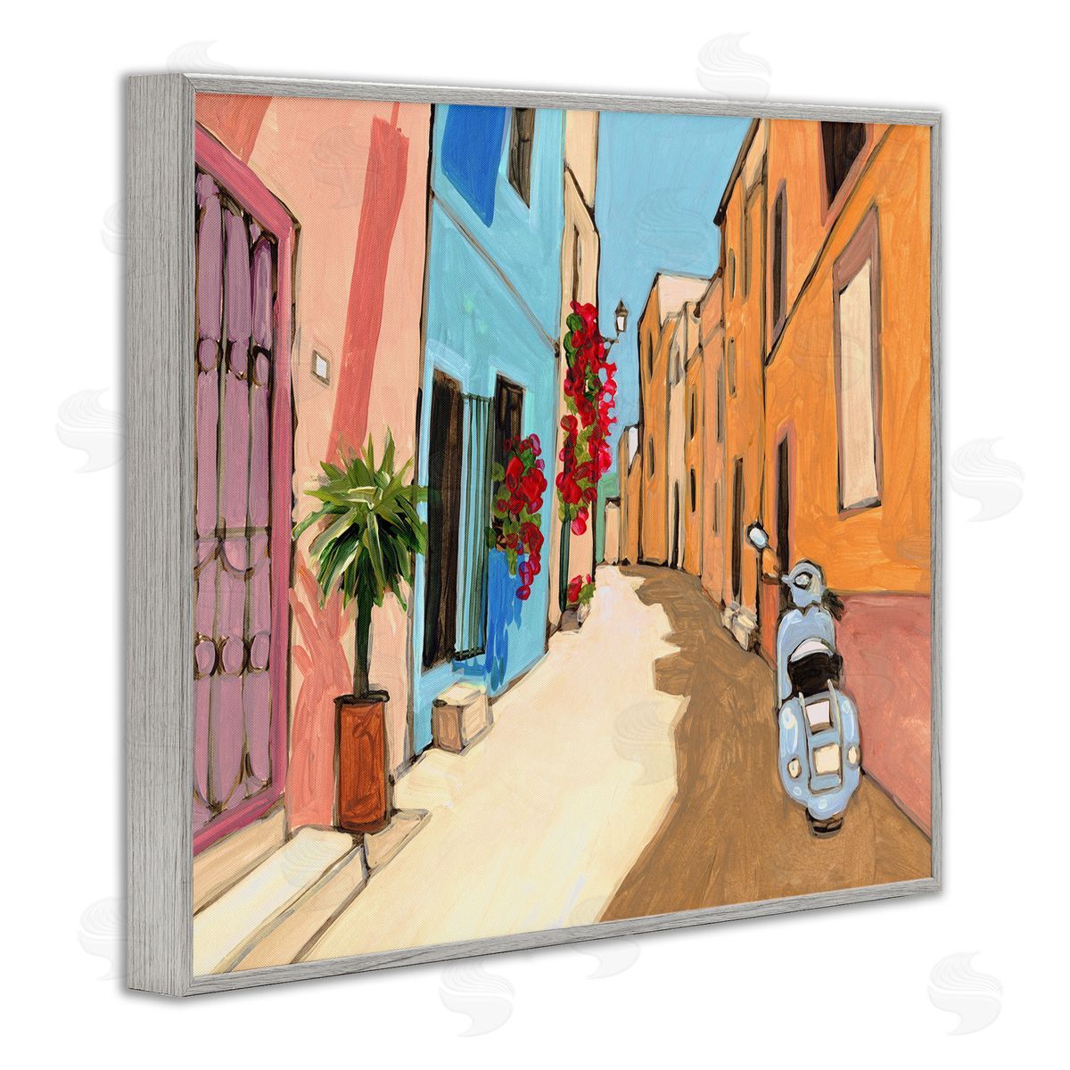 Bart E. Slyp European City Roadside Landscape Blue Street Vespa Gray Framed Giclee Wall Art