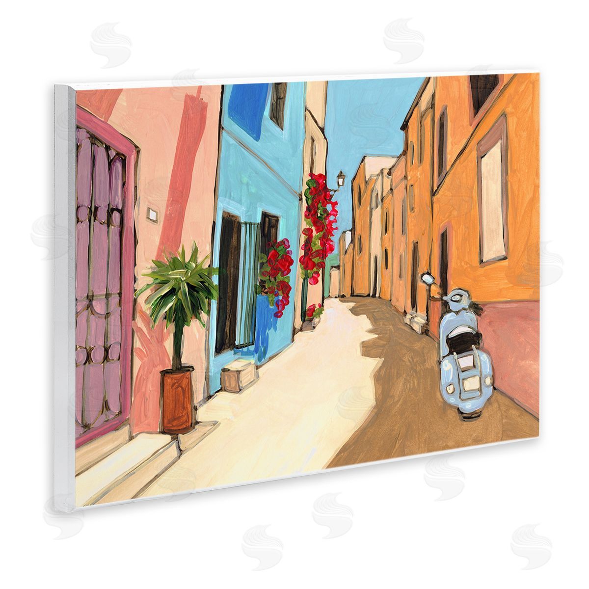 Bart E. Slyp European City Roadside Landscape Blue Street Vespa Wall Plaque Art