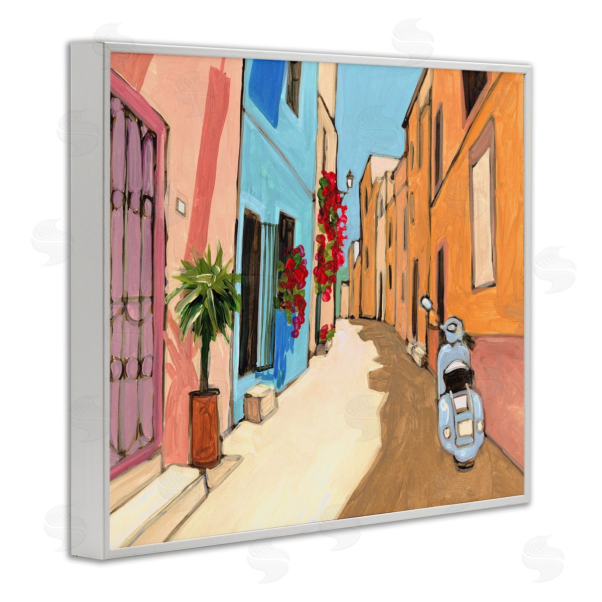 Bart E. Slyp European City Roadside Landscape Blue Street Vespa White Framed Giclee Wall Art