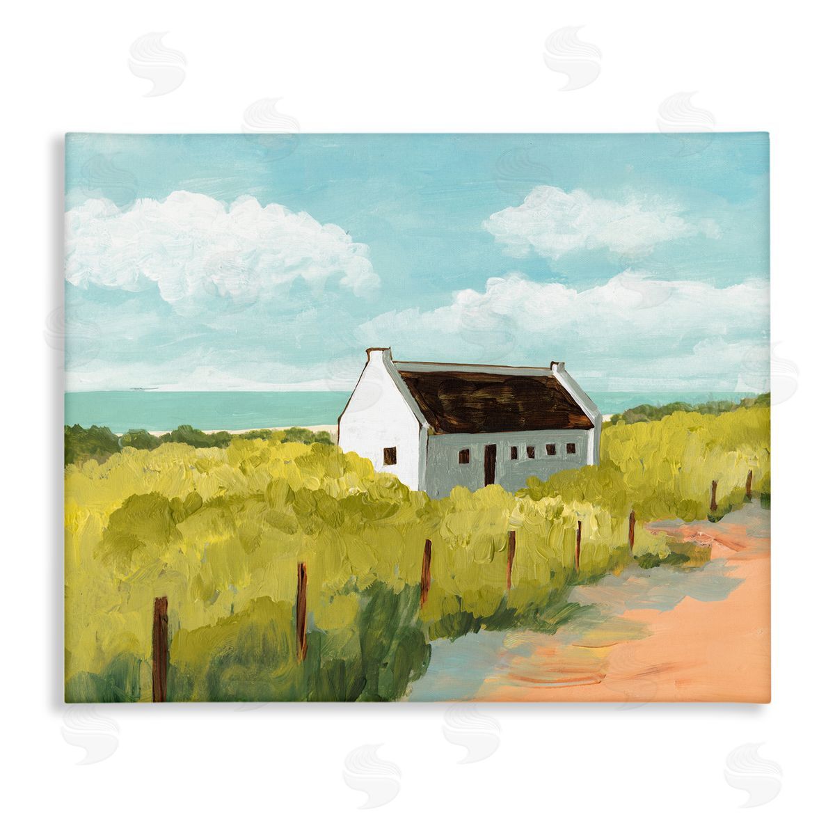 Bart E. Slyp White Cabin Architecture Grassy Coastal Beach Landscape Canvas Wall Art