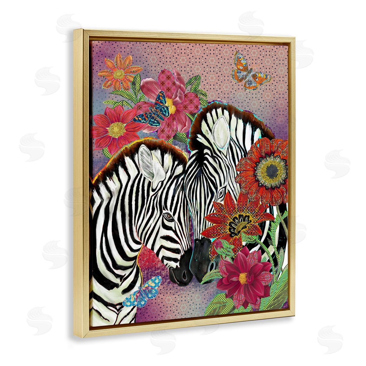 Sangita Bachelet Loving Zebra Pair over Pink Arabesque Pattern Gold Floater Frame Canvas Art