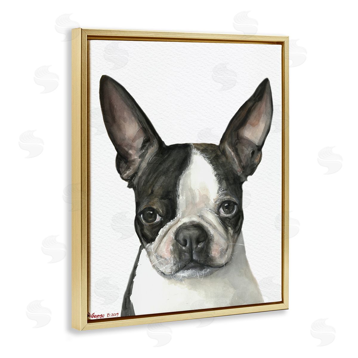 George Dyachenko Minimal Boston Terrier Portrait Pet Dog Black White Gold Floater Frame Canvas Art