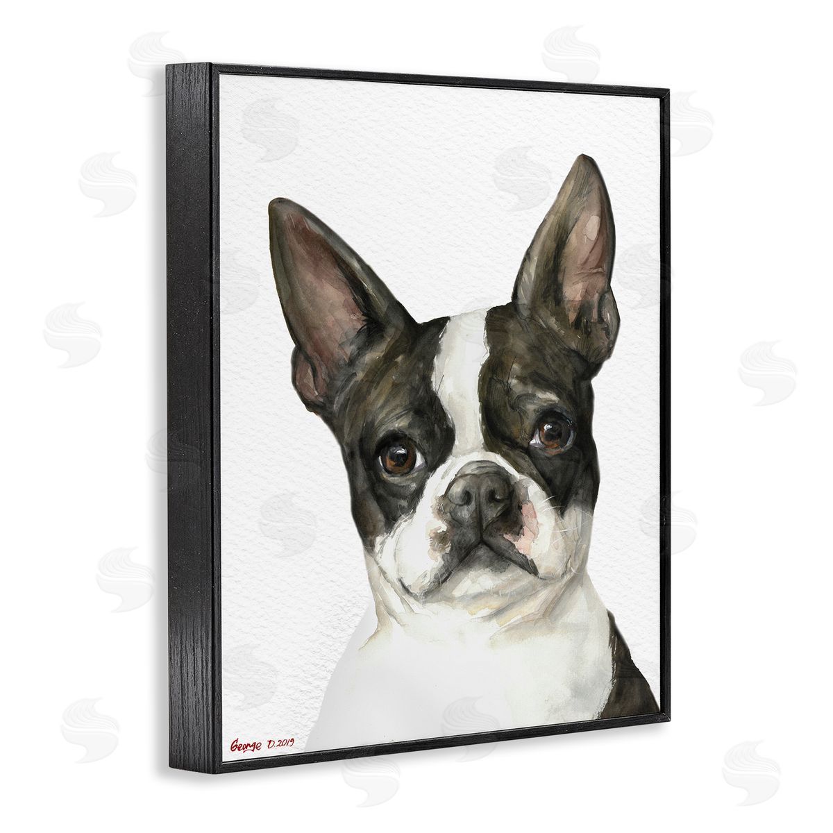 George Dyachenko Curious Boston Terrier Portrait Pet Dog Watercolor  Black Framed Giclee Wall Art