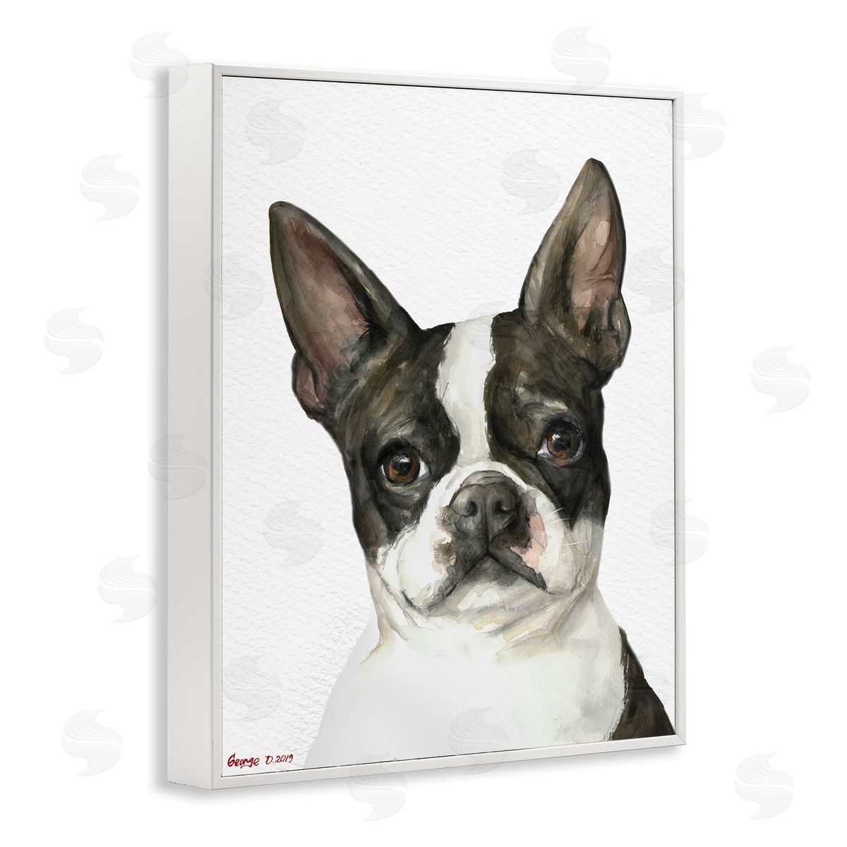 George Dyachenko Curious Boston Terrier Portrait Pet Dog Watercolor  White Framed Giclee Wall Art