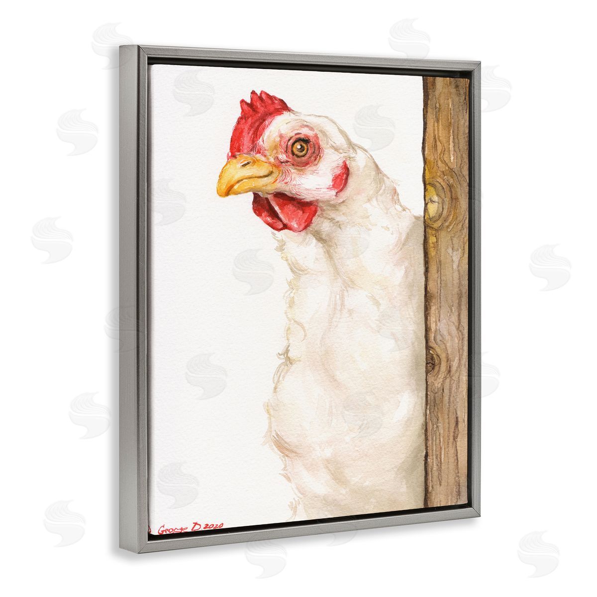 George Dyachenko Chicken Behind Fence Farm Animal Portrait  Gray Floater Frame Canvas Art