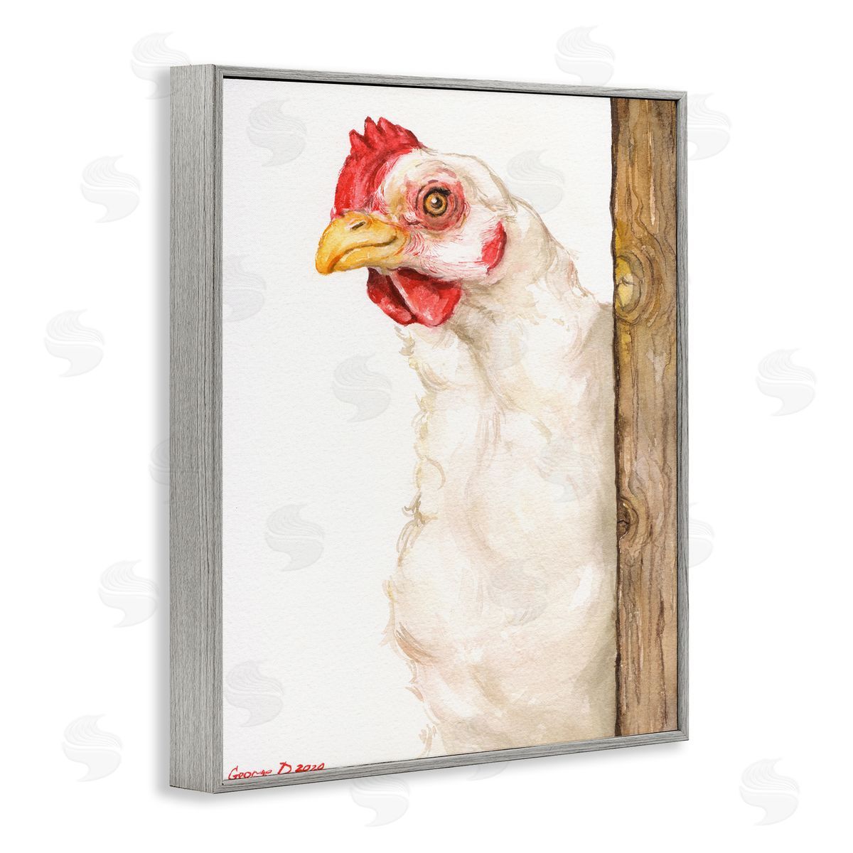George Dyachenko Chicken Behind Fence Farm Animal Portrait  Gray Framed Giclee Wall Art