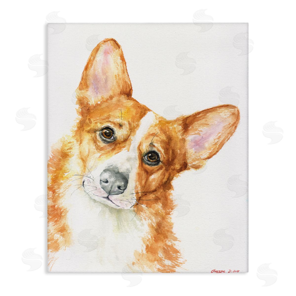 George Dyachenko Curious Corgi Dog Portrait Soft Brown Watercolor Canvas Wall Art