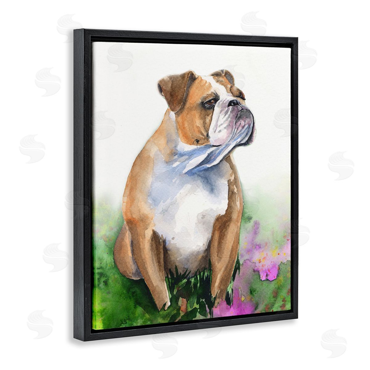 George Dyachenko English Bulldog Grassy Florals Soft Watercolor Portrait Black Floater Frame Canvas Art