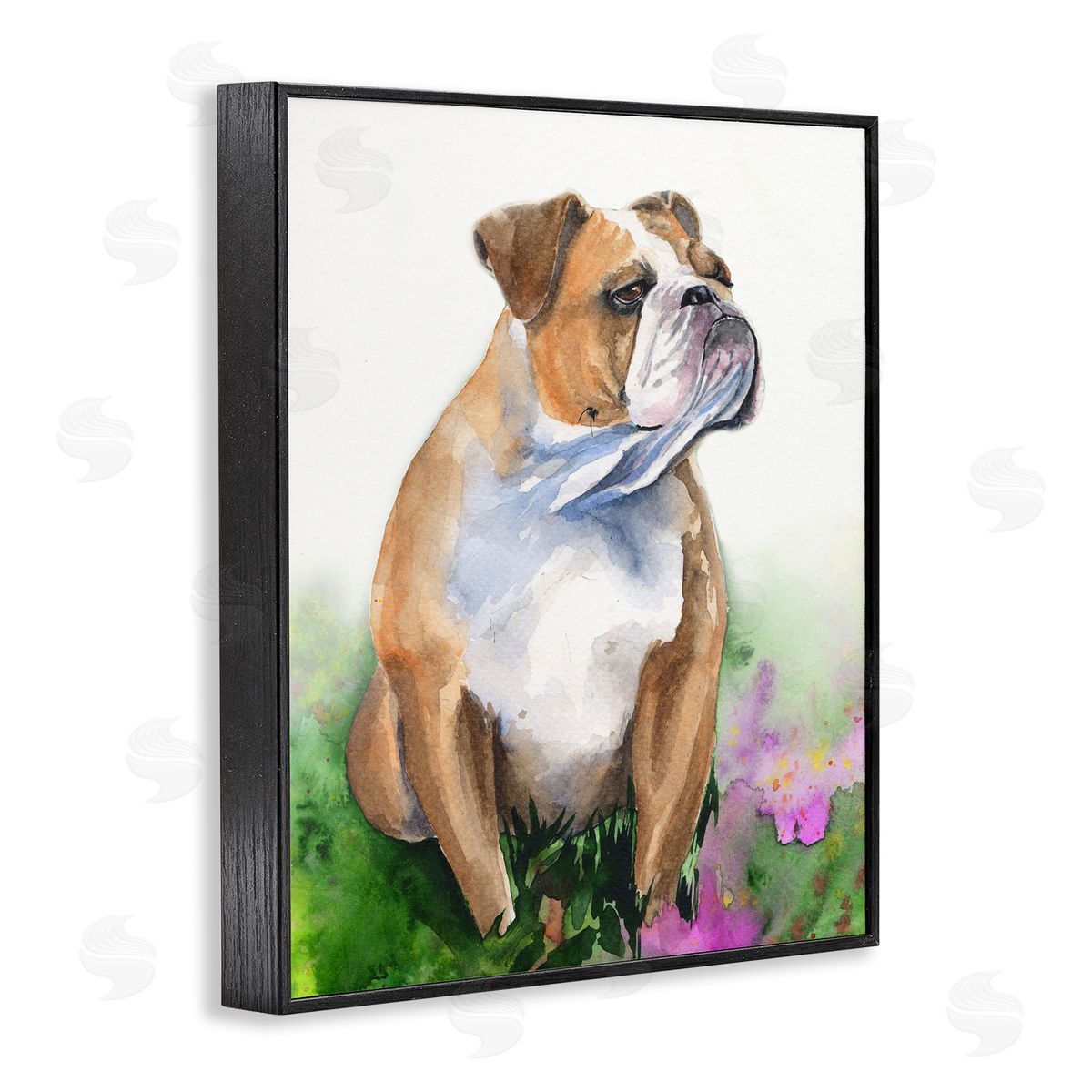 George Dyachenko English Bulldog Grassy Florals Soft Watercolor Portrait Black Framed Giclee Wall Art