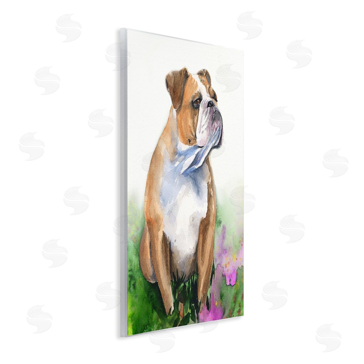 George Dyachenko English Bulldog Grassy Florals Soft Watercolor Portrait Wall Plaque Art