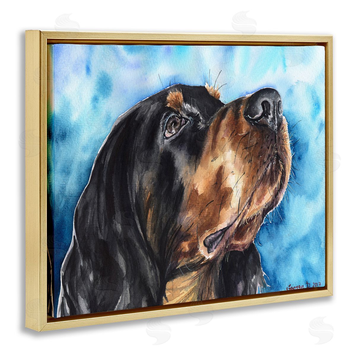 George Dyachenko Gordon Setter Dog Portrait over Vibrant Blue Gold Floater Frame Canvas Art