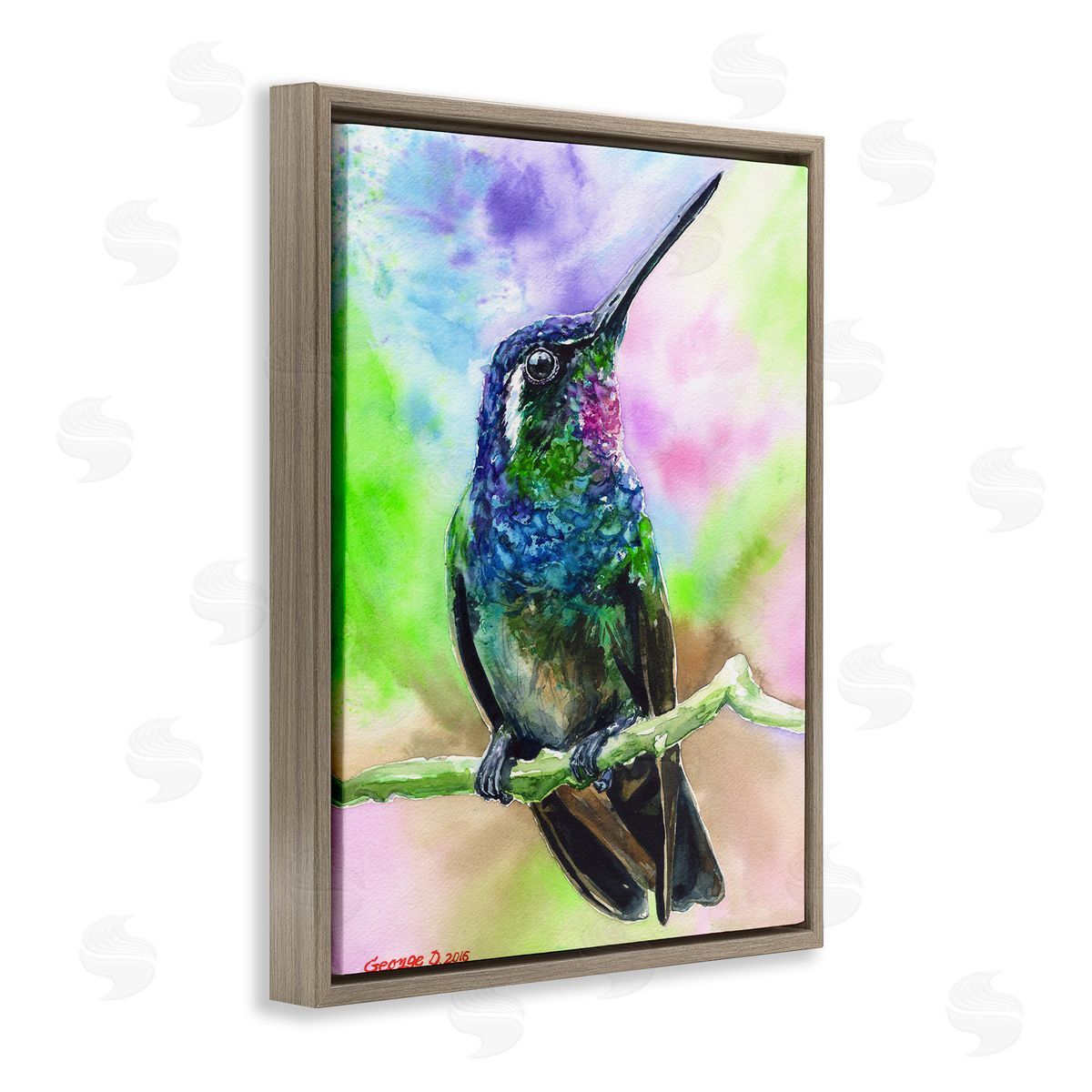 George Dyachenko Vibrant Hummingbird Perched Soft Tie-Dye Brown Floater Frame Canvas Art
