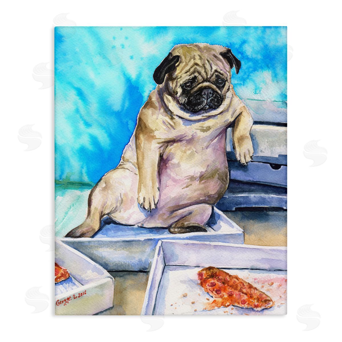 George Dyachenko Chubby Pug Dog with Pizza Boxes Pet Portrait Canvas Wall Art
