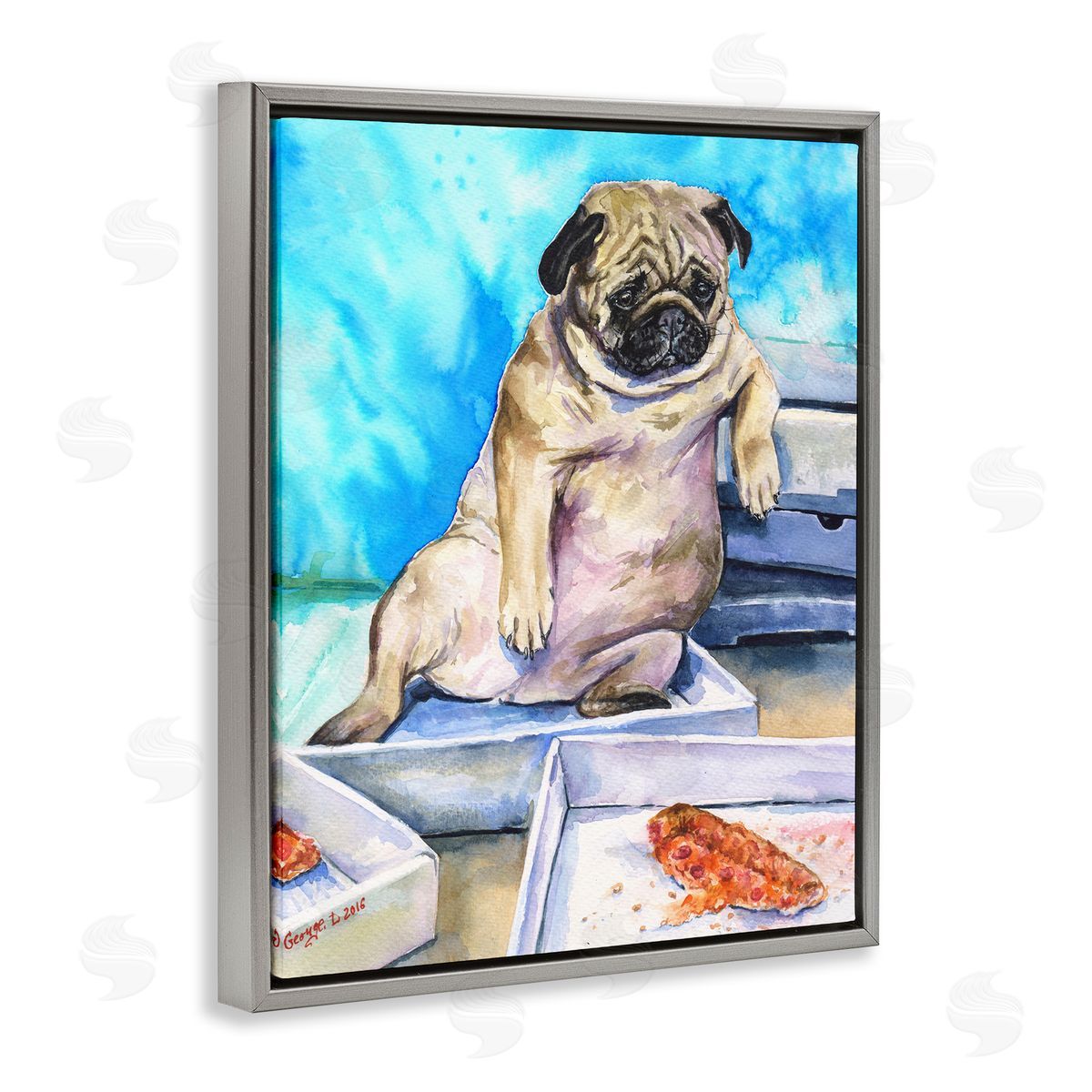George Dyachenko Chubby Pug Dog with Pizza Boxes Pet Portrait Gray Floater Frame Canvas Art