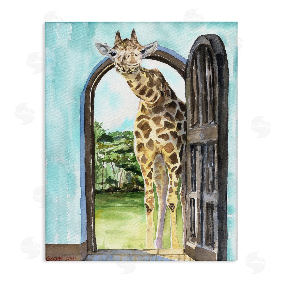 George Dyachenko Giraffe Through Doorway Safari Animal Portrait Canvas Wall Art