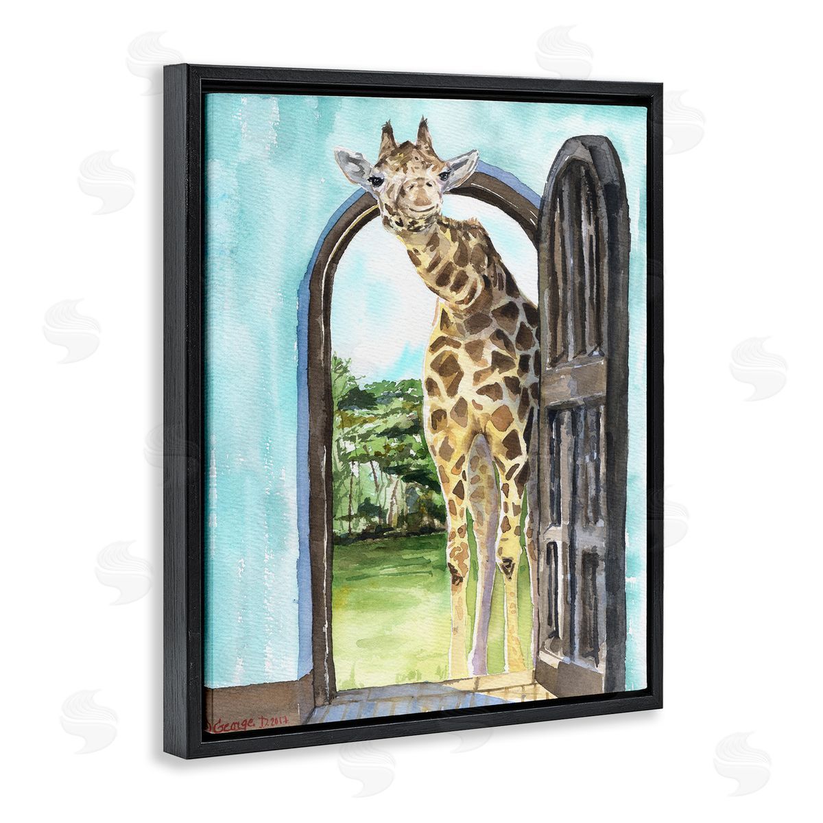 George Dyachenko Giraffe Through Doorway Safari Animal Portrait Black Floater Frame Canvas Art