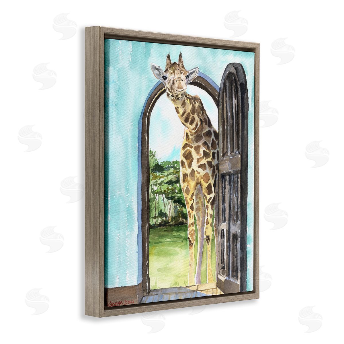 George Dyachenko Giraffe Through Doorway Safari Animal Portrait Brown Floater Frame Canvas Art