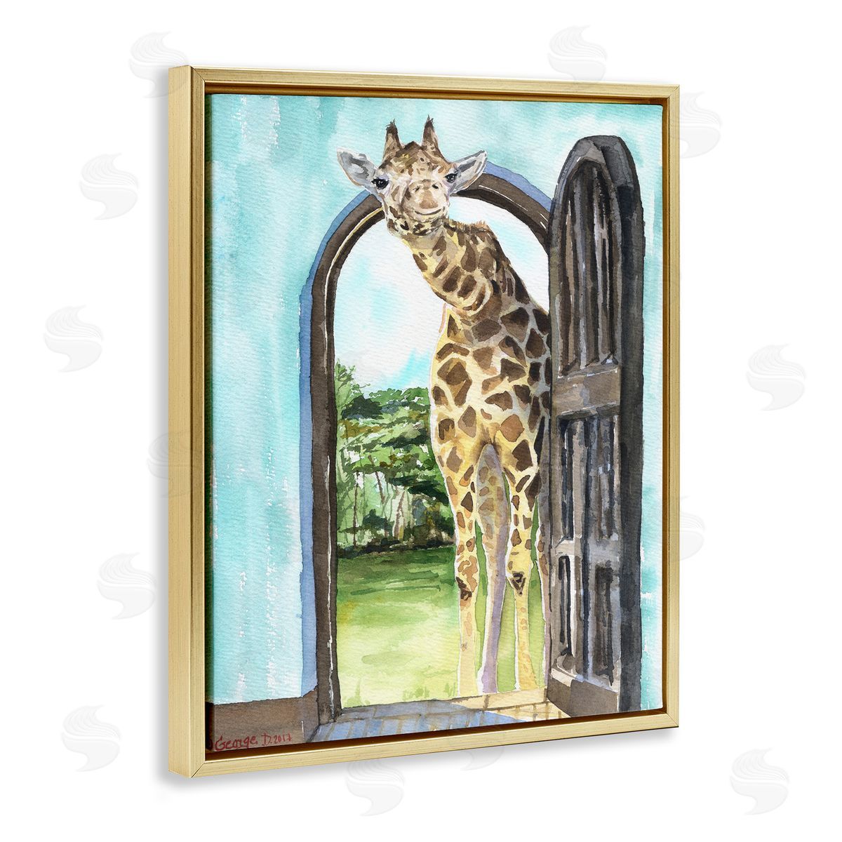 George Dyachenko Giraffe Through Doorway Safari Animal Portrait Gold Floater Frame Canvas Art