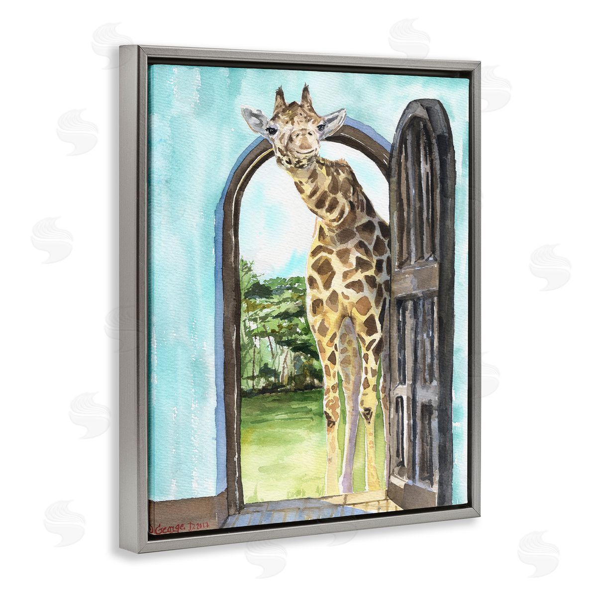 George Dyachenko Giraffe Through Doorway Safari Animal Portrait Gray Floater Frame Canvas Art