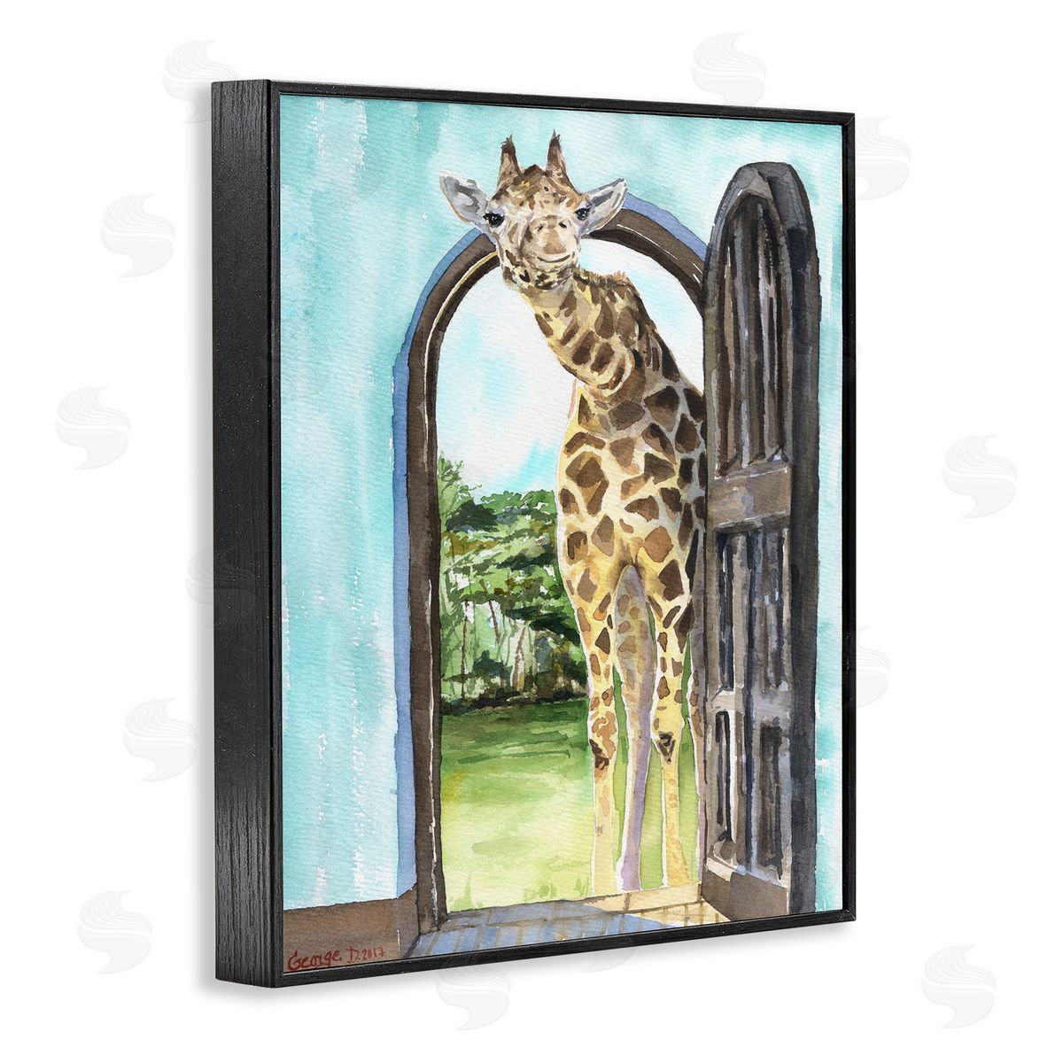 George Dyachenko Giraffe Through Doorway Safari Animal Portrait Black Framed Giclee Wall Art