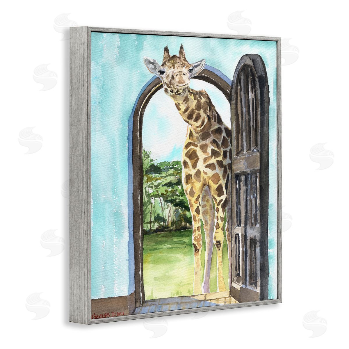 George Dyachenko Giraffe Through Doorway Safari Animal Portrait Gray Framed Giclee Wall Art