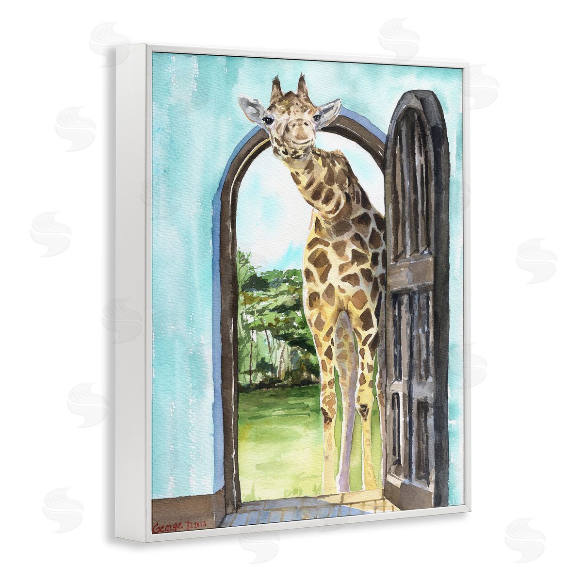 George Dyachenko Giraffe Through Doorway Safari Animal Portrait White Framed Giclee Wall Art