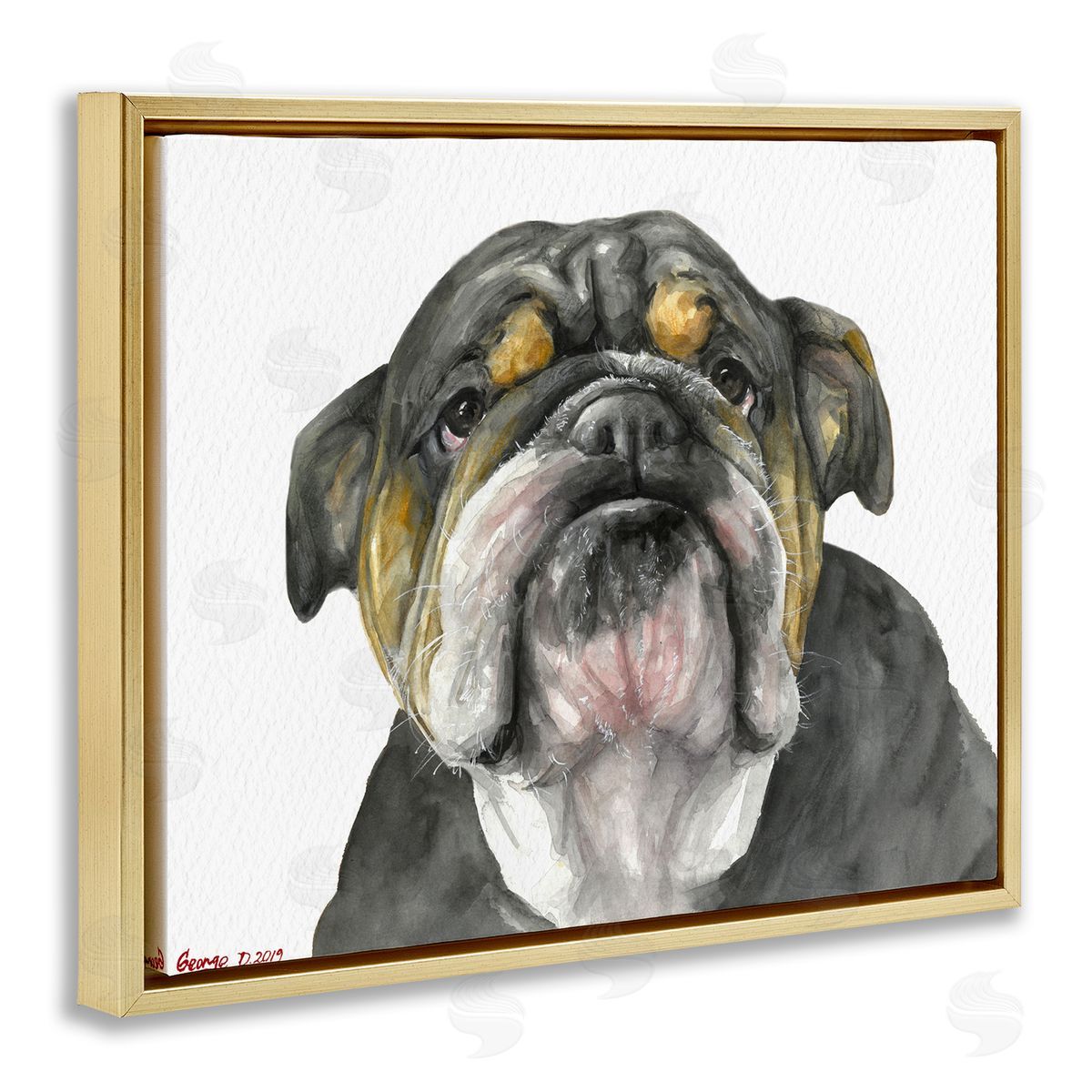 George Dyachenko Chubby Bulldog Portrait Old Dog Charm Black Brown Gold Floater Frame Canvas Art