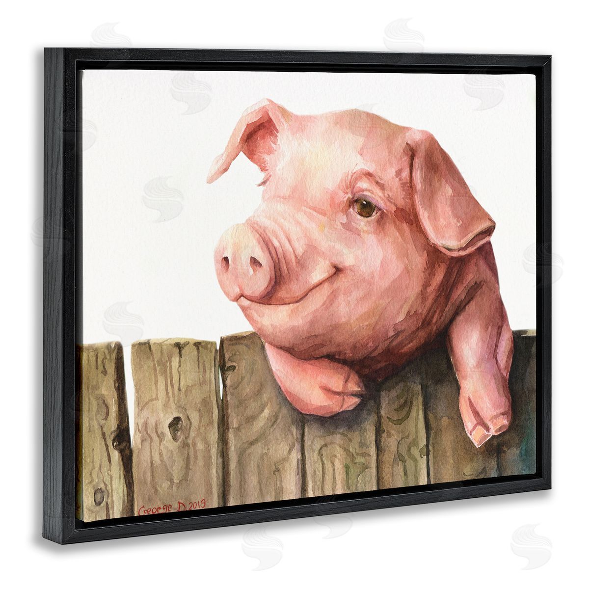 George Dyachenko Piglet on Wooden Fence Pink Farm Animal Black Floater Frame Canvas Art