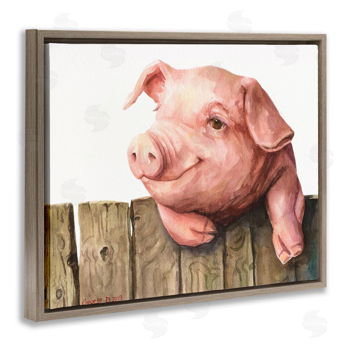 George Dyachenko Piglet on Wooden Fence Pink Farm Animal Brown Floater Frame Canvas Art