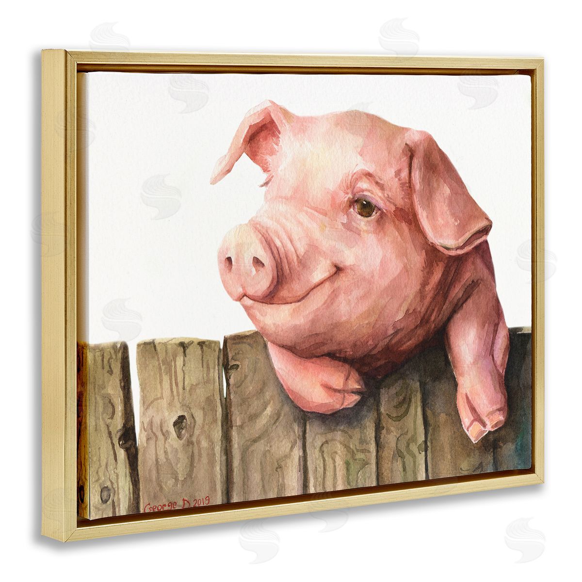 George Dyachenko Piglet on Wooden Fence Pink Farm Animal Gold Floater Frame Canvas Art