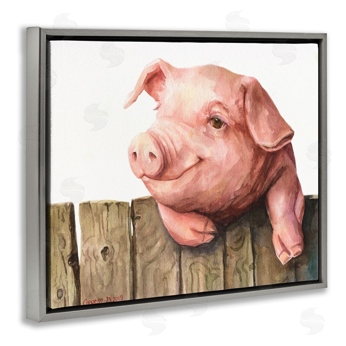 George Dyachenko Piglet on Wooden Fence Pink Farm Animal Gray Floater Frame Canvas Art