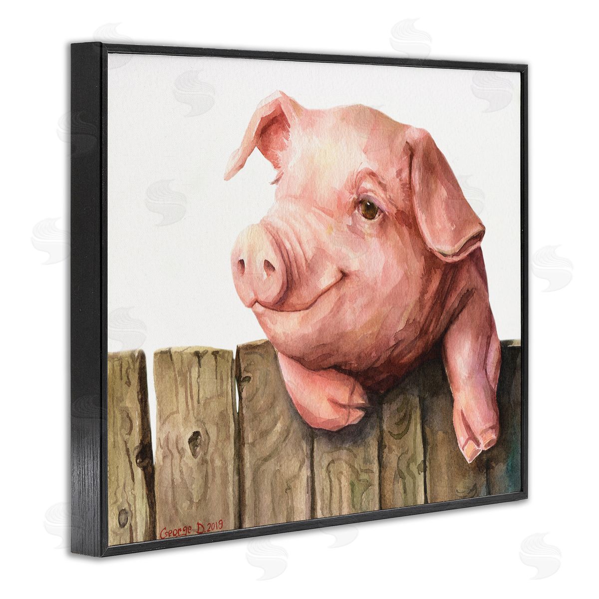 George Dyachenko Piglet on Wooden Fence Pink Farm Animal Black Framed Giclee Wall Art