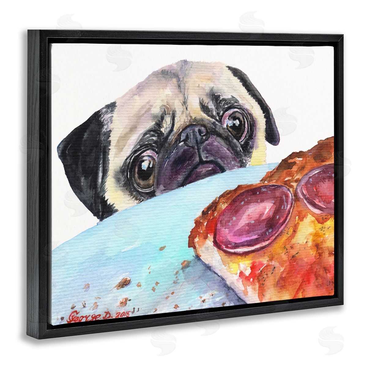 George Dyachenko Hungry Pug and Pizza Humorous Pet Dog Portrait Black Floater Frame Canvas Art